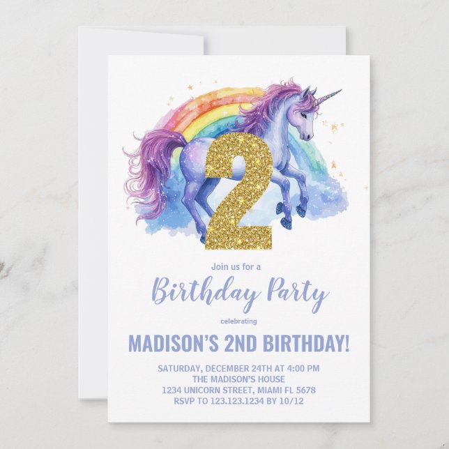 2nd Rainbow Unicorn Birthday Invitations (Front)