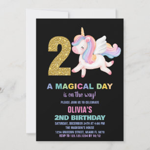 2nd Rainbow Unicorn Birthday Invitations Black