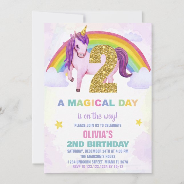 2nd Rainbow Unicorn Birthday Invitations Cloud (Front)
