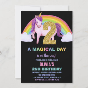 2nd Rainbow Unicorn Birthday Invitations Glitter