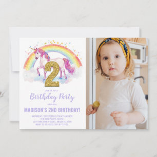 2nd Rainbow Unicorn Birthday Invitations photo