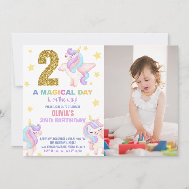 2nd Rainbow Unicorn Birthday Invitations w photo (Front)