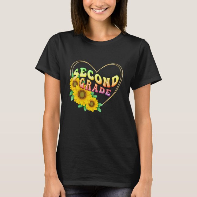 2nd second Grade Floral Heart Back To School Teach T-Shirt (Front)