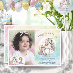 2nd Second Unicorn Birthday Party Pastel Rainbow Invitation