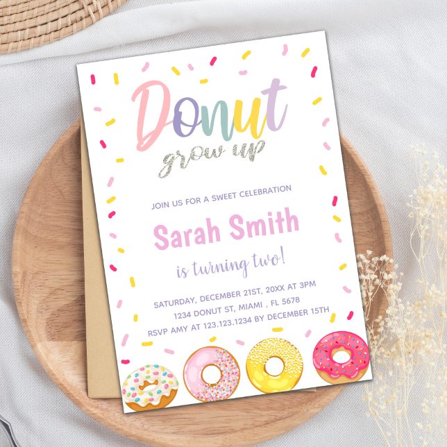 2ND Sweet Doughnut Invitation, Doughnut Birthday Invitation (Purple Pink Donut Birthday Invitations)