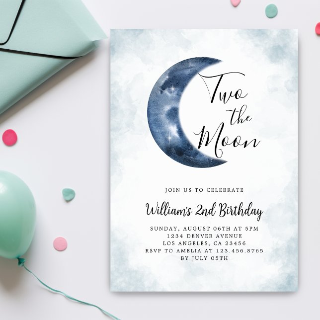 2nd Two The Moon Boy Birthday Party Blue Invitation (Creator Uploaded)
