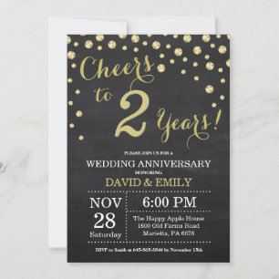 2nd Wedding Anniversary Chalkboard Black and Gold Invitation