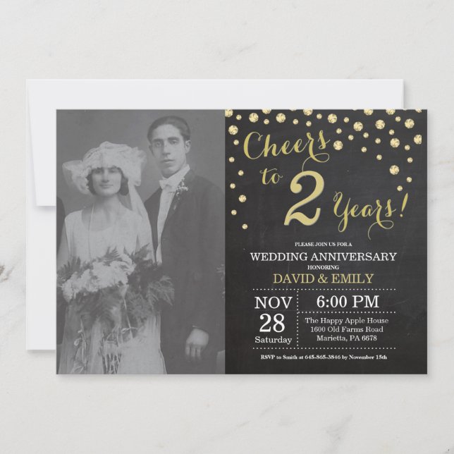 2nd Wedding Anniversary Chalkboard Black and Gold Invitation (Front)