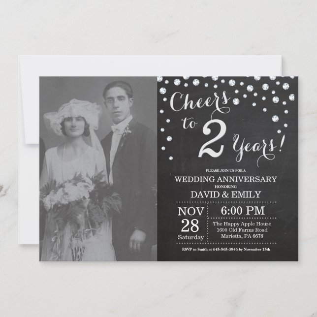 2nd Wedding Anniversary Chalkboard Black Silver Invitation (Front)