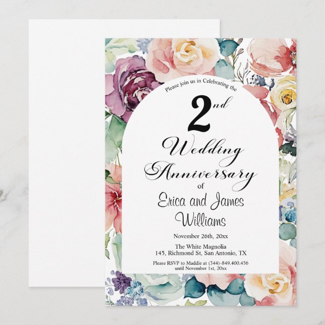 2nd Wedding Anniversary Elegant Script Floral Invitation (Front/Back)