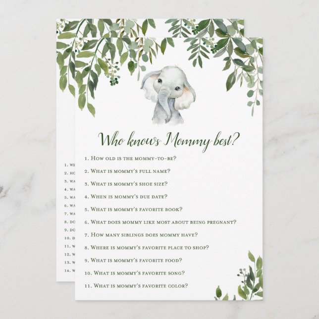 2x Games Elephant Baby Shower 5x7" Size Invitation (Front/Back)