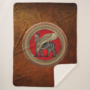 [300] Assyrian Winged Lion: Gold & Black Lamassu Sherpa Blanket