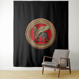 [300] Assyrian Winged Lion: Gold & Black Lamassu Tapestry