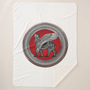 [300] Assyrian Winged Lion: Silver & Black Lamassu Sherpa Blanket