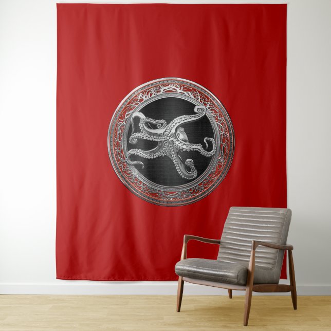 [300] Sacred Silver Octopus in Defensive Posture Tapestry (In Situ)
