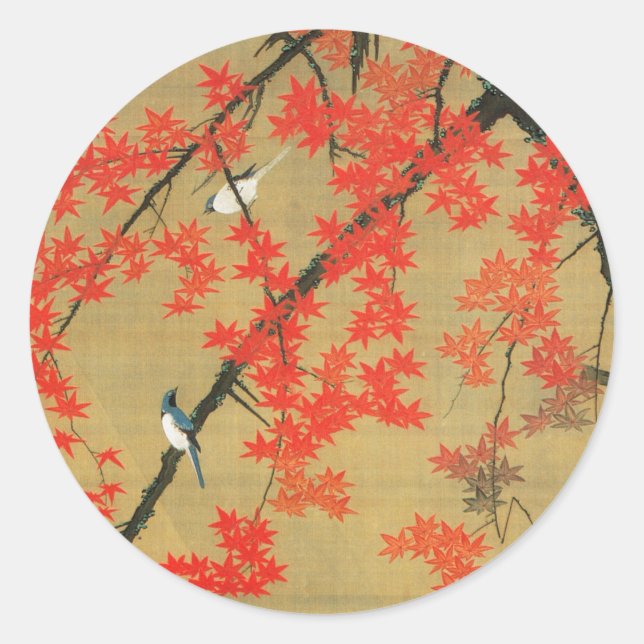 30. 紅葉小禽図, 若冲 Maple & Small Birds, Jakuchū Classic Round Sticker (Front)