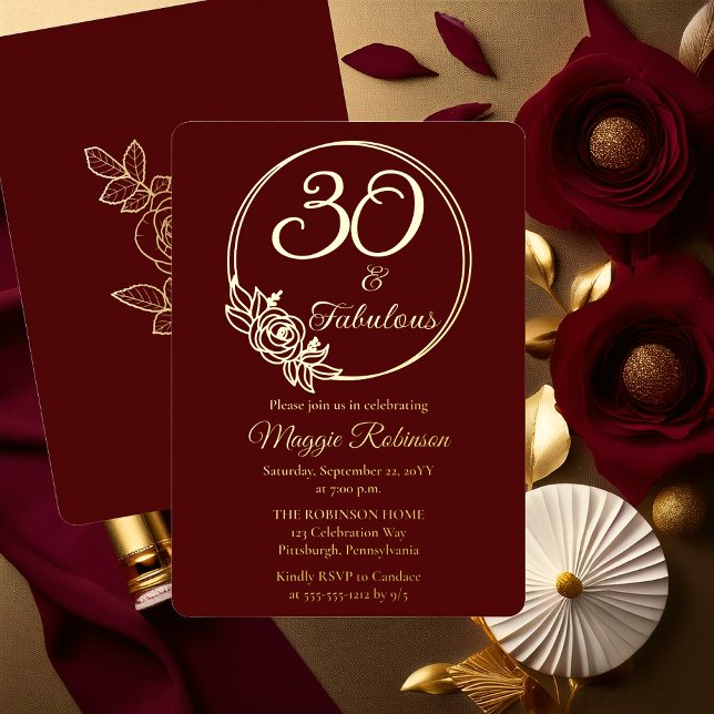 30 and Fabulous 30th Birthday Party Stamped (Elegant Rose Wreath 30 and Fabulous 30th Birthday Party Burgundy Stamped Gold Foil Invitation )