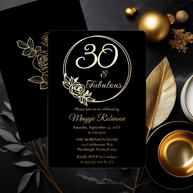 30 and Fabulous 30th Birthday Party Stamped (Simply Elegant Rose Wreath "30 and Fabulous" 30th Birthday Party Black Stamped Gold Foil Invitation )