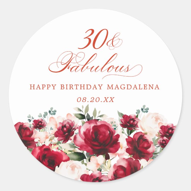 30 and Fabulous Birthday Personalised Custom Classic Round Sticker (Front)