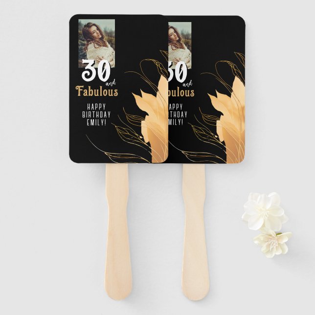 30 and Fabulous Gold Foliage 30th Birthday Photo Hand Fan (Front and Back)