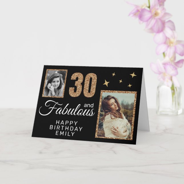 30 and Fabulous Gold Glitter 2 Photo 30th Birthday Card (Orchid)