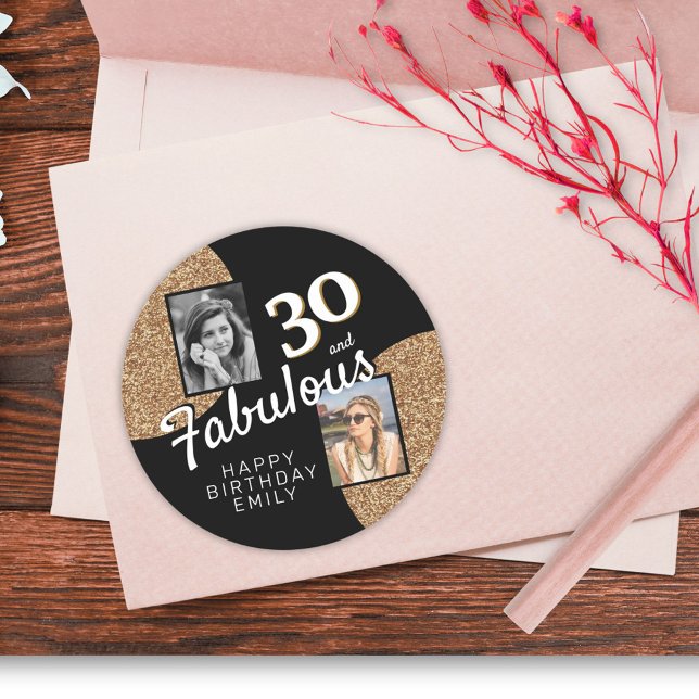30 and Fabulous Gold Glitter 2 Photo 30th Birthday Classic Round Sticker (Creator Uploaded)