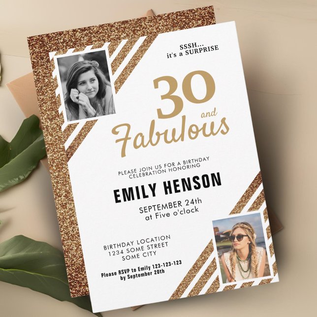 30 and Fabulous Gold Glitter 2 Photo 30th Birthday Invitation (Creator Uploaded)