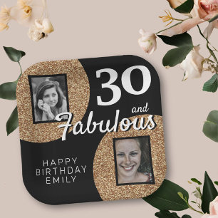 30 and Fabulous Gold Glitter 2 Photo 30th Birthday Paper Plate
