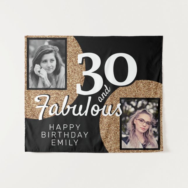 30 and Fabulous Gold Glitter 2 Photo Birthday  Tapestry (Front (Horizontal))