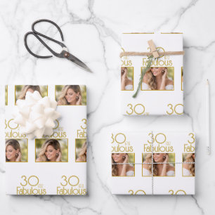 30 and Fabulous Gold White Photo 30th Birthday Wrapping Paper Sheet