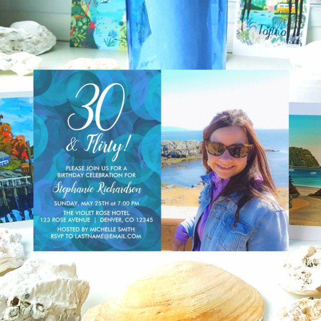30 and Flirty Ocean Blue Photo Birthday Invitation (Creator Uploaded)