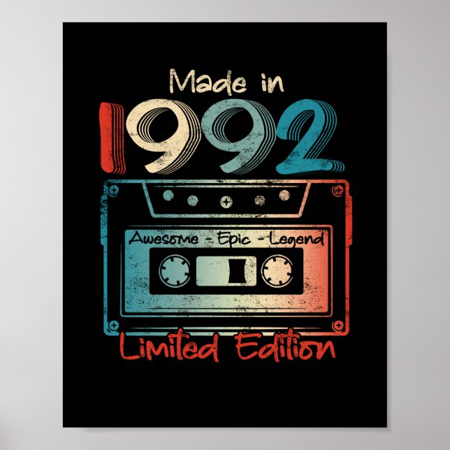30 Birthday Gifts Year Old Made in 1992 Cassette Poster (Front)