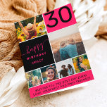 30 birthday neon pink 6 photo collage grid card<br><div class="desc">Modern simple 30th birthday neon pink 6 photo collage grid with bright pink and black editable colours and modern typography.</div>