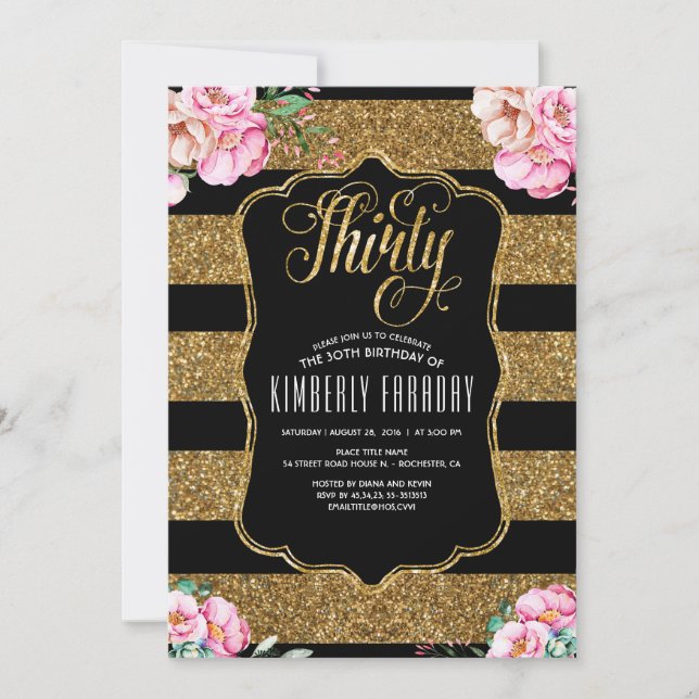 30 Birthday Party Invitations - Floral Gold Glitte (Front)