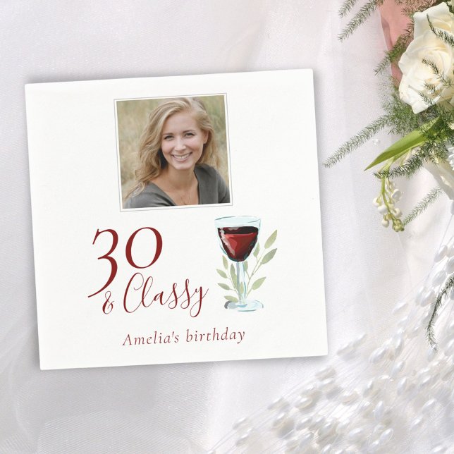 30 & Classy Red Wine Glass 30th Birthday Photo Napkin (Creator Uploaded)