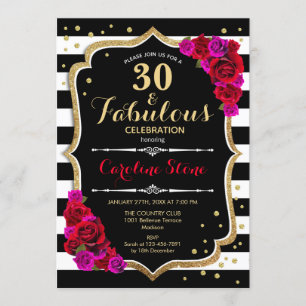 30 Fabulous Birthday - Black White Stripes Roses Invitation
