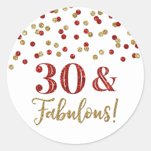 30 & Fabulous Birthday Red Gold Confetti  Classic Round Sticker (Front)
