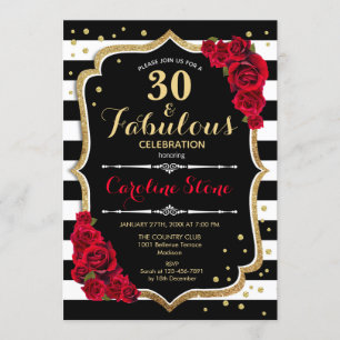 30 Fabulous Birthday -  Roses Black White Stripes Invitation