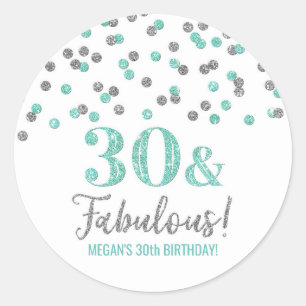 30 & Fabulous Birthday Turquoise Silver Confetti  Classic Round Sticker