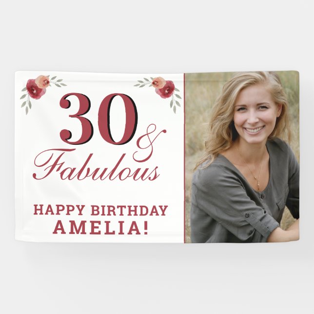 30 & Fabulous Watercolor Floral 30th Birthday Banner (Horizontal)
