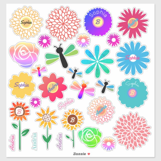 30 Flowers, Dragonflies, DIY Names & Initials (Sheet)