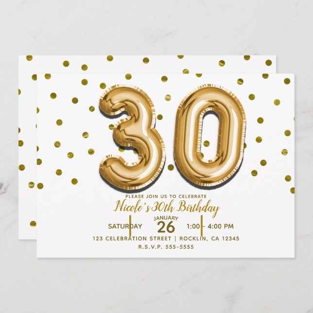 30 Gold Balloons & Confetti 30th Birthday Party Invitation (Front/Back)