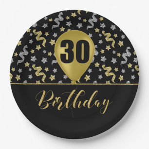 30 Gold Birthday Ballon on Black Gold Confetti Paper Plate