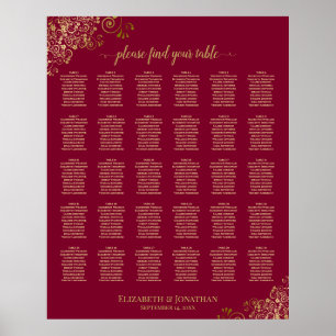 30 Gold Frills on Burgundy Wedding Seating Chart