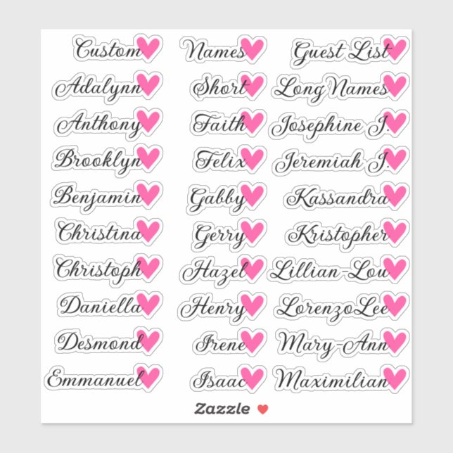 30 Names Custom Guest List Calligraphy Pink Heart (Sheet)