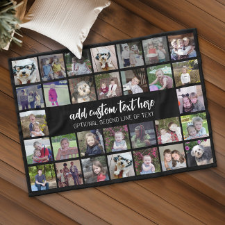 30 Photo Collage Grid - 2 Text boxes - black white Fleece Blanket