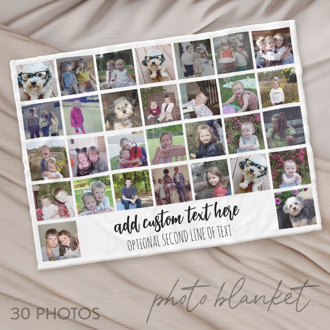 30 Photo Collage Grid - 2 Text boxes - black white Fleece Blanket (Photo Blanket - Custom Pictures in a Collage)