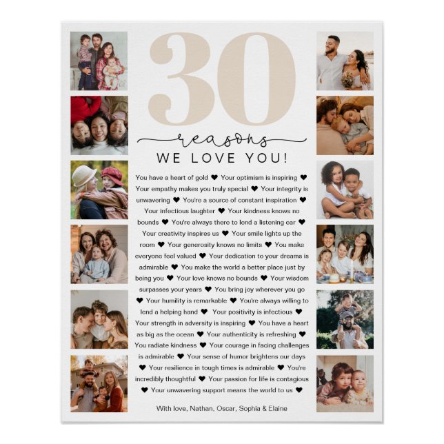30 Reasons We Love You Birthday Keepsake Gift Poster (Front)