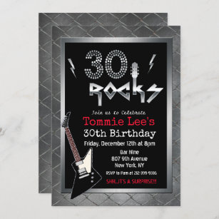 30 Rocks Rockstar Guitar 30th Birthday Invitation