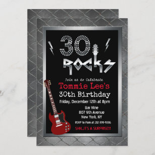 30 Rocks Rockstar Guitar 30th Birthday Invitation